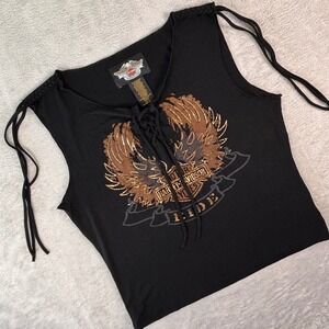 Harley-Davidson Women's Sleeveless Lace-Up Tank Top Size L Black Flame Eagle